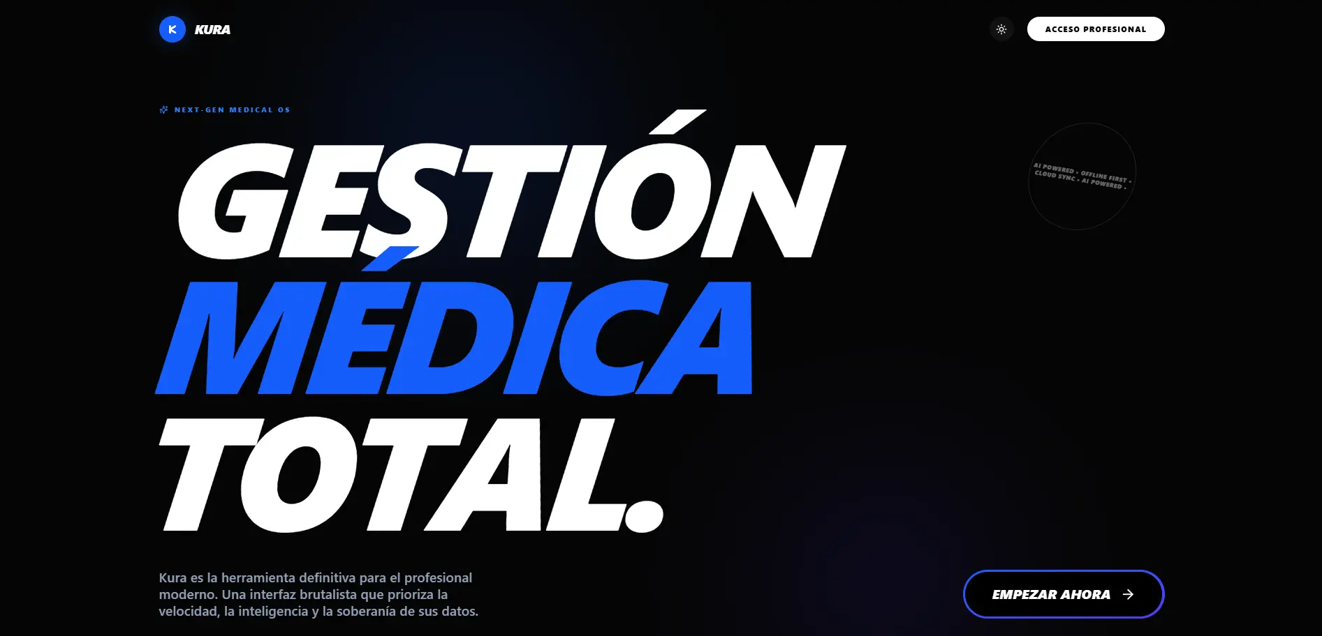 Vista previa del proyecto Kura: Plataforma de gestión de historias clinicas con Supabase e IA.