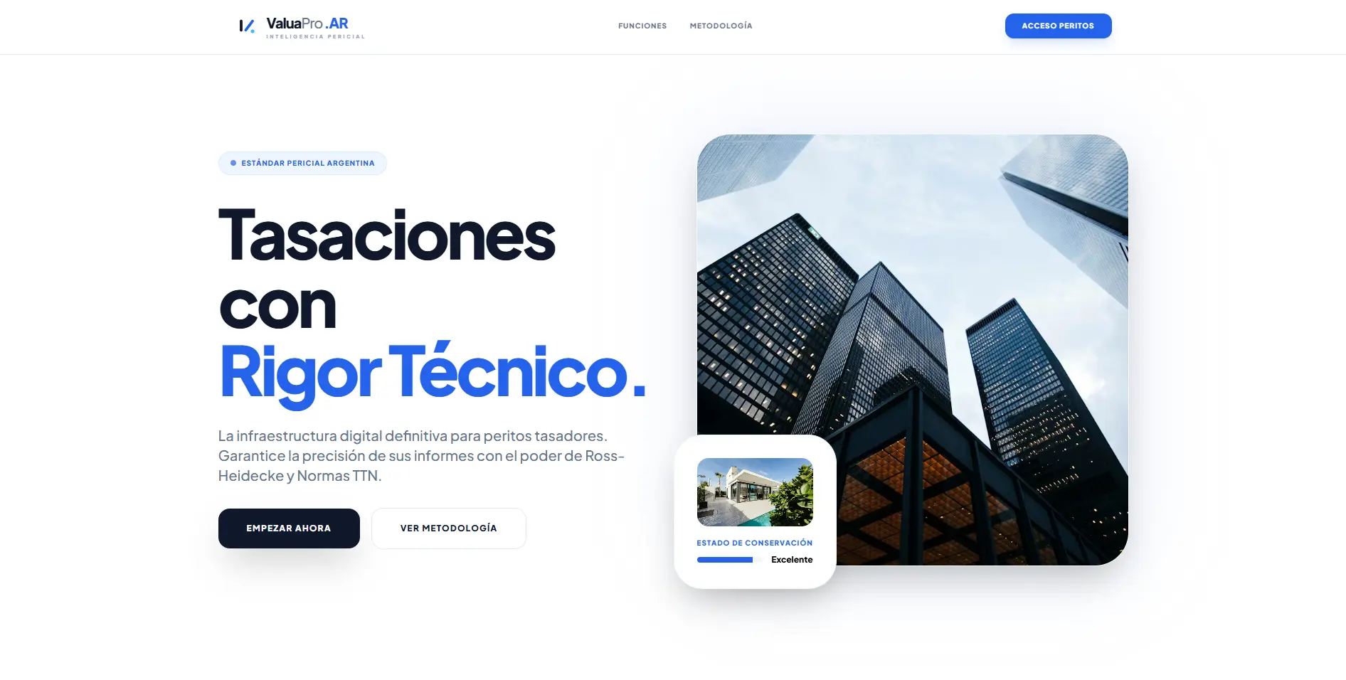Vista previa del proyecto ValuaPro: Plataforma profesional de tasación inmobiliaria técnica. Basada en normas TTN y algoritmos Ross-Heidecke para el mercado argentino